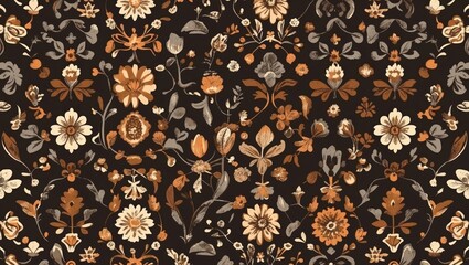 Poster - Floral pattern design in earthy tones with intricate flowers and leaves on a dark background