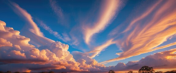 Aufkleber - Dramatic sky with cirrus and cumulonimbus clouds contrasting against a vibrant blue backdrop in autumn over Australia.