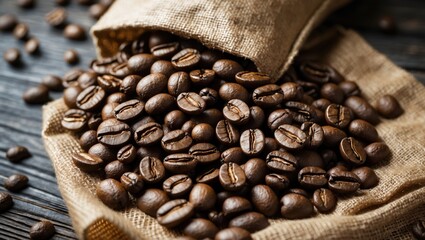 Aufkleber - Freshly roasted coffee beans spilling from a burlap sack on rustic wooden background showcasing rich textures and natural colors.