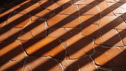 Poster - broken terracotta floor tiles with shadows creating a pattern from sunlight streaming through.