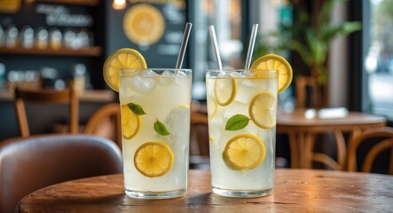 Poster - Refreshing Lemonade Drinks with Fresh Lemon Slices and Mint in Stylish Cafe Setting Ideal for Summer Promotions and Beverage Advertisements