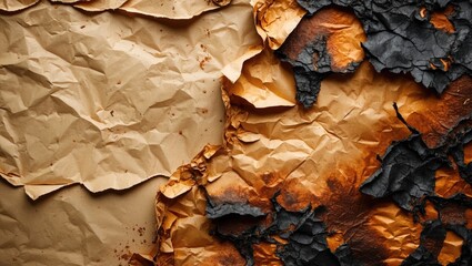 Poster - Textured background of crumpled brown and black burnt paper with uneven edges and creases showcasing a distressed vintage look