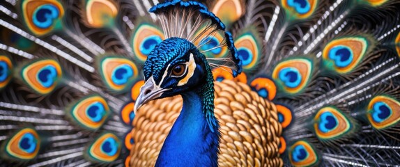 Aufkleber - Vibrant close-up of a peacock showcasing its intricate plumage and striking colors against a blurred background.