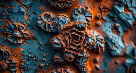 Aufkleber - Intricate close-up of rust patterns showcasing vibrant orange and teal hues on a textured surface resembling floral shapes and design.