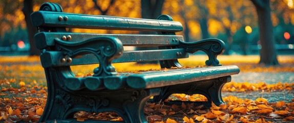 Aufkleber - Autumn park scene featuring a close-up of a vintage stone bench surrounded by fallen leaves and illuminated by warm golden light.