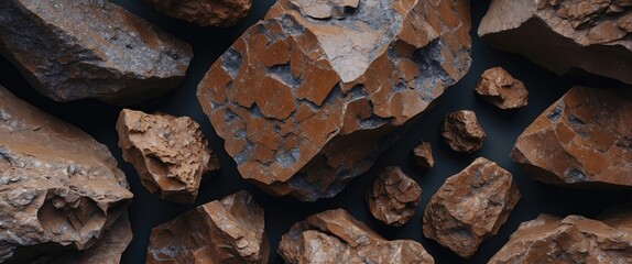 Poster - collection of brown textured rocks arranged on a dark surface showcasing natural geological formatio