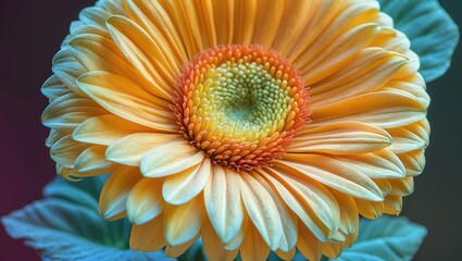 Poster - Vibrant close-up of a large yellow gerbera flower showcasing intricate petal details and rich textures against a soft background.
