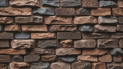 Poster - textured brick wall made of various shades of brown and gray stones arranged in an irregular pattern
