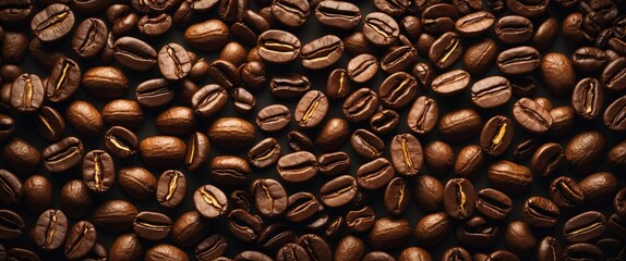 Aufkleber - Rich and detailed texture of roasted coffee beans spread across a dark background perfect for culinary or beverage related projects