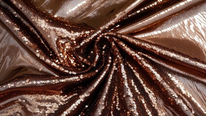Poster - Brown sequined fabric texture with shiny surface in a twisted arrangement.