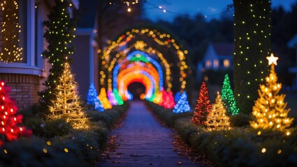 Poster - Enchanting pathway decorated with vibrant Christmas lights and festive trees illuminated for the holiday season in a joyful night setting