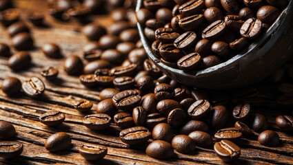 Aufkleber - Freshly roasted coffee beans scattered on rustic wooden surface with a scoop, highlighting rich textures and warm tones of coffee culture.