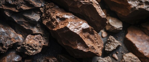 Poster - brown mineral rock texture close-up with various sizes and shapes of stone fragments in a natural se