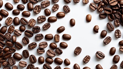 Aufkleber - Coffee beans scattered on white background with ample copyspace ideal for advertising coffee-related products or lifestyle concepts.