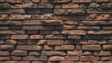 Poster - Textured brown stone wall with irregularly shaped stones arranged in a horizontal pattern for architectural background or design use.