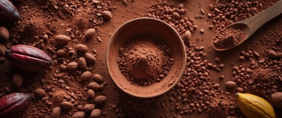 Poster - Rich Cocoa Powder with Complete Ingredients in a Rustic Setting Ideal for Chocolate Recipes and Culinary Backgrounds