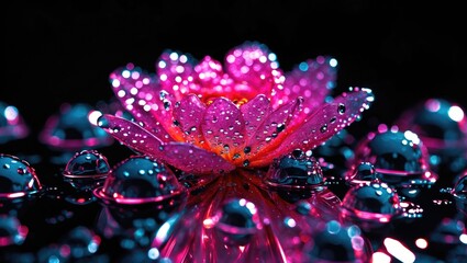 Aufkleber - Dew-covered pink flower with vibrant reflections and water droplets against a sleek black background creating a stunning visual contrast.