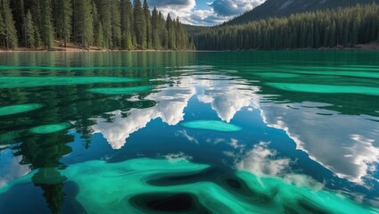 Aufkleber - Tranquil emerald lake reflecting puffy clouds and pine trees in Canada showcasing serene nature and vibrant colors in a peaceful setting.