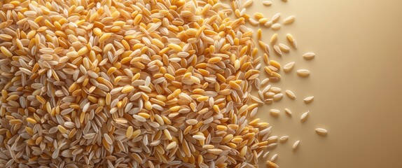 Poster - Close up of raw paddy rice seeds arranged aesthetically on a smooth surface showcasing rich texture and natural hues.