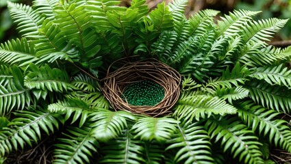 Aufkleber - lush birds nest fern with a natural nest featuring green eggs surrounded by vibrant greenery in a se