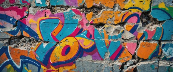 Canvas Print - Colorful graffiti artwork on cracked concrete wall showcasing vibrant textures and urban art in high resolution for creative backgrounds.