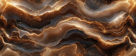 Poster - Abstract fluid marble background in brown, cream and black tones with wavy patterns and luminous details.