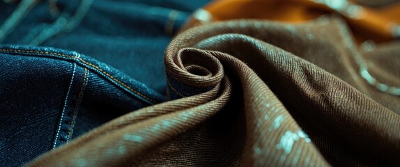 Poster - Close-up view of folded fabric textures including denim and brown textile with sheen detail and vibrant colors