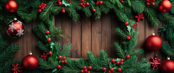 Poster - Christmas evergreen branches with red ornaments and berries creating a festive frame on a rustic wooden background for holiday celebrations.