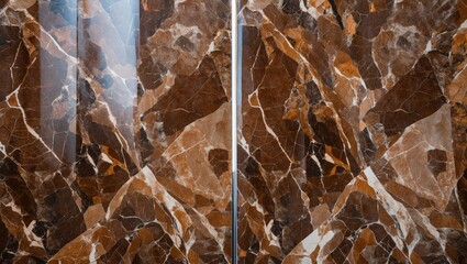 Poster - brown marble texture with intricate veining and polished finish in symmetrical halves background des