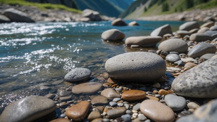 Aufkleber - Closeup of smooth river stones along a tranquil mountain stream with clear water and lush greenery in the summer sunlight