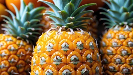 Aufkleber - Ripe pineapple close-up showing vibrant orange skin texture with green leaves against a blurred tropical background.