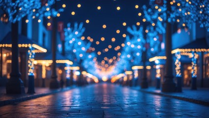 Poster - Illuminated festive street with blue Christmas lights creating a dreamy and abstract night atmosphere in an urban setting.