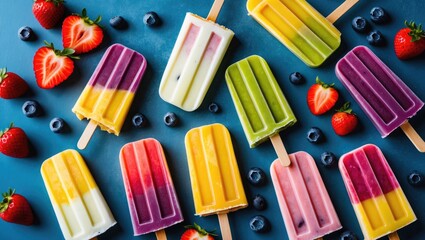 Poster - Vibrant and Nutritious Fruit Popsicles Surrounded by Fresh Berries on a Blue Background Ideal for Summertime Treats and Healthy Snacks