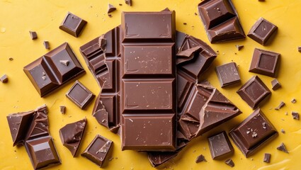 Poster - Chocolate Bar and Broken Pieces on Vibrant Yellow Background depicting Delicious Sweet Treat for Dessert or Confectionery Themes.