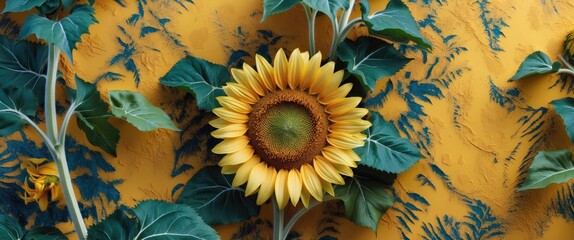Fototapete - Vibrant Close-Up of Sunflower Surrounded by Green Leaves on a Textured Yellow Background with Space for Text or Design Elements