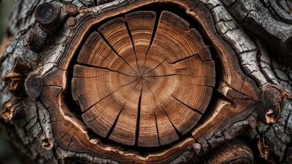 Poster - Close up detailed wood texture of a tree trunk showcasing age rings and natural patterns in rustic tones