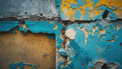 Aufkleber - Weathered concrete wall texture with vibrant blue and yellow peeling paint showcasing unique patterns and aged appearance for backgrounds.