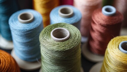 Aufkleber - Colorful thread spools in close up showcasing various shades for sewing and crafting projects in a creative workspace setting.