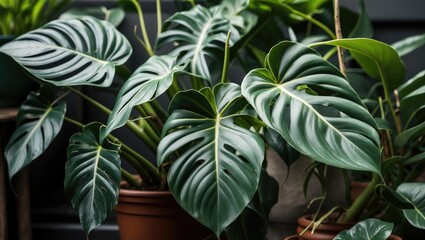 Aufkleber - Close up of lush Philodendron gloriosum leaves showcasing vibrant dark green foliage in an elegant indoor tropical garden setting.