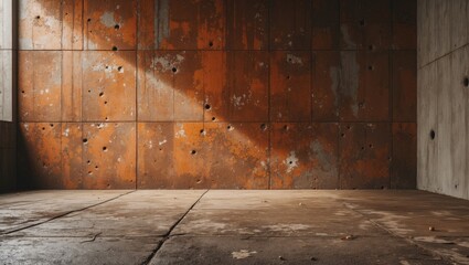 Poster - textured industrial wall with rust and concrete surface in an empty room illuminated by sunlight fro