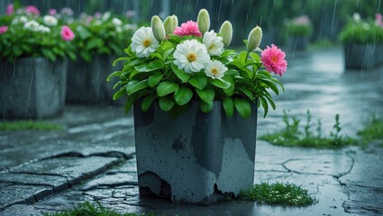 Poster - Close up of colorful flowers in a concrete pot on a rainy day with a grey concrete ground in summer 2024, Tallinn, Estonia.