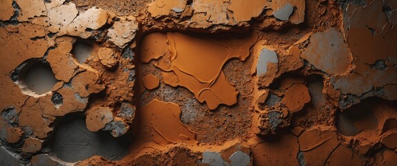 Poster - textured surface with layers of cracked orange plaster revealing gray underneath in an abstract desi