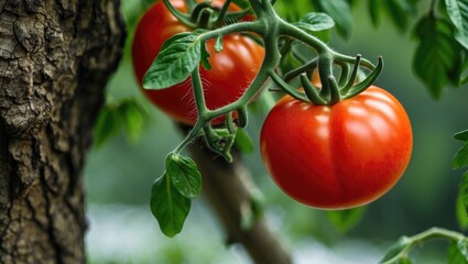 Aufkleber - Vibrant close-up of fresh ripe tomatoes growing on a green vine, showcasing lush foliage and rich color in a natural setting.