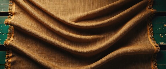 Poster - Close-up of textured brown fabric with fringed edges draped over a weathered wooden surface