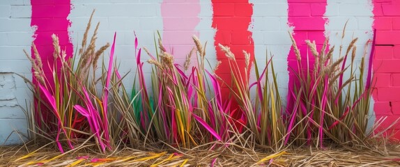 Wall Mural - Vibrant dried grass with pink and red paint streaks on a white wall creating an artistic and colorful backdrop for creative projects.