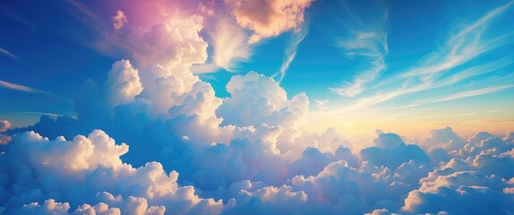 Aufkleber - Majestic summer clouds with vibrant hues against a clear blue sky creating a serene and uplifting atmosphere for relaxation and inspiration.