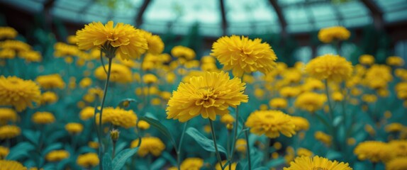 Aufkleber - Vibrant yellow flowers in a botanical garden with a soft focus background showcasing nature's beauty in Madrid Spain. Horizontal composition.