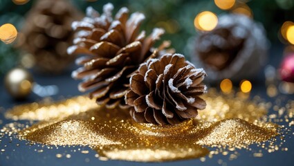 Aufkleber - Christmas pine cones adorned with gold glitter create a festive winter scene perfect for holiday decoration and minimalistic design concepts.