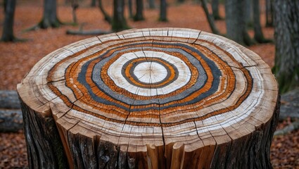 Aufkleber - Circular Wood Stump with Distinctive Rings and Patterns Surrounded by Autumn Forest Landscape