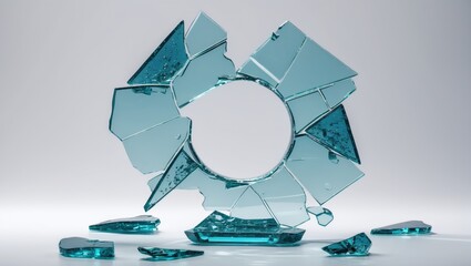 Poster - broken blue glass sculpture with circular center surrounded by shards on light background